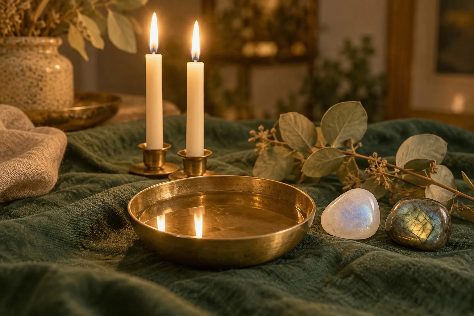 Deux bougies allumées se reflètent dans une coupelle d'eau, près d'une pierre de lune et d'une labradorite, sur du lin vert