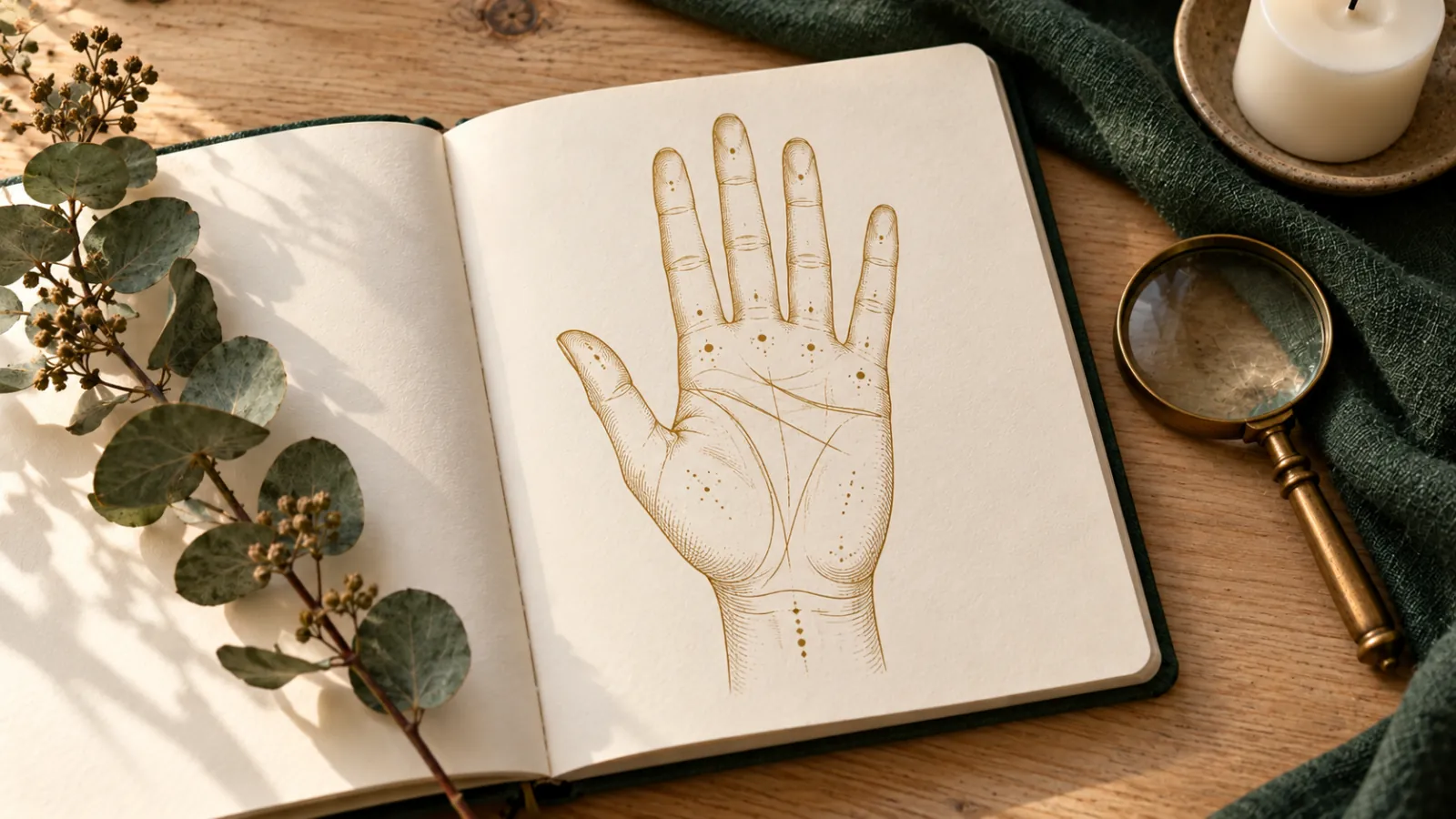 Carnet ouvert sur une table en bois, avec une main dessinée à l'encre dorée et ses lignes principales, à côté d'une loupe en laiton et d'une branche d'eucalyptus.