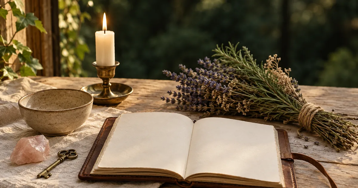Carnet en cuir ouvert sur une table en bois, entouré d’une bougie allumée, d’un bol en céramique, d’un bouquet de lavande et de romarin séchés, d’un quartz rose et d’une clé ancienne