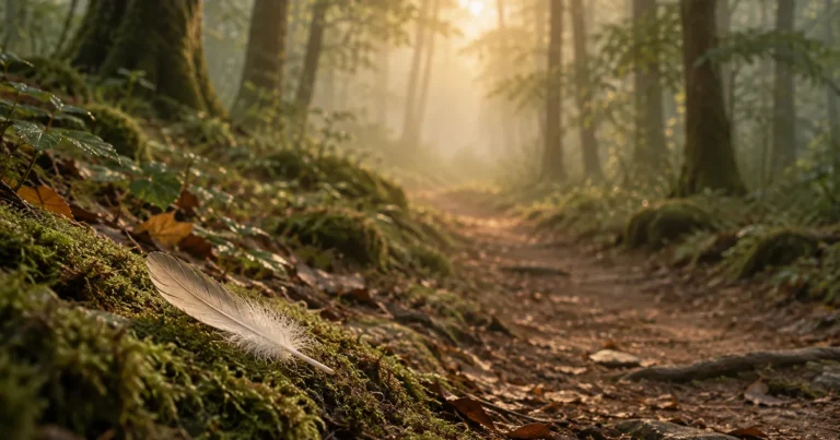 Plume blanche posée sur la mousse au bord d’un sentier de forêt, dans la brume du matin