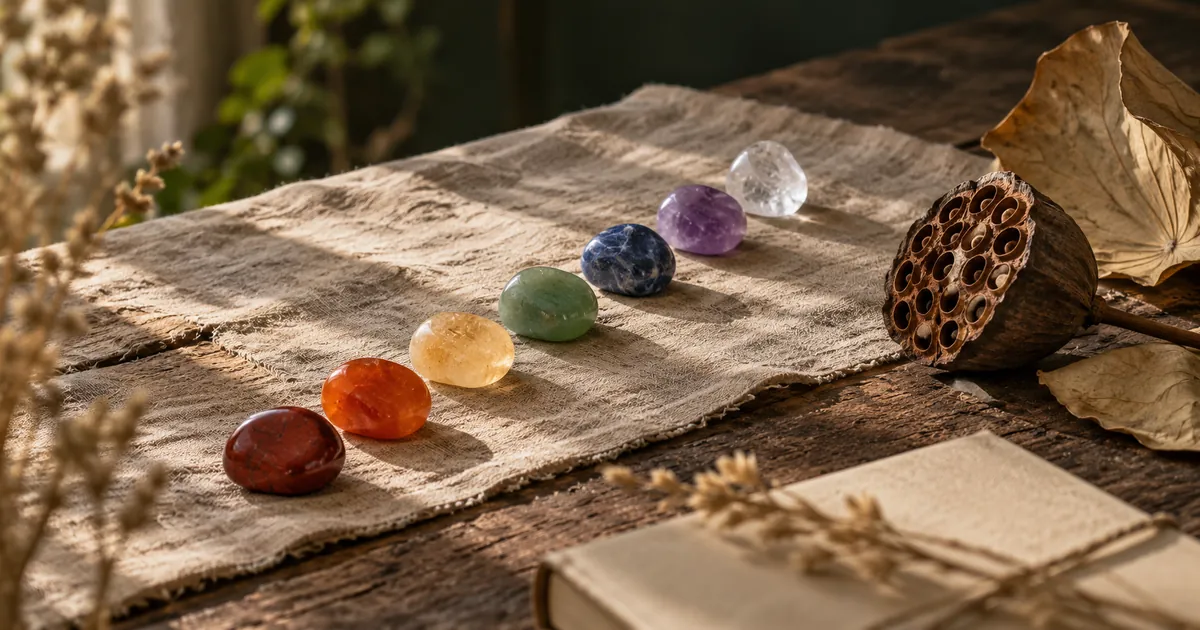 Sept pierres naturelles alignées du jaspe rouge au cristal de roche, à côté d'une fleur de lotus séchée, sur du lin