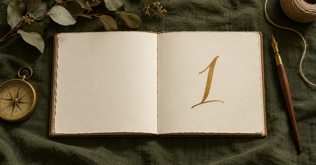 Carnet ouvert sur du lin vert, où est calligraphié à l’encre dorée le chiffre 1, entre une boussole en laiton et un porte-plume