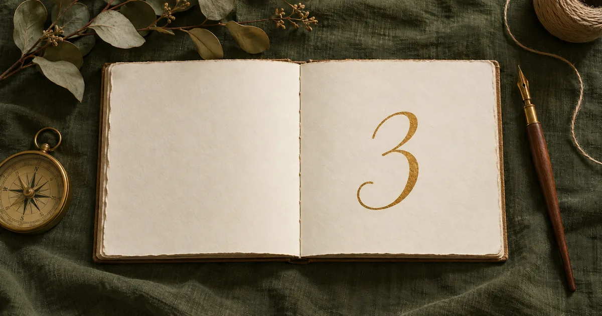 Carnet ouvert sur du lin vert, où est calligraphié à l’encre dorée le chiffre 3, entre une boussole en laiton et un porte-plume