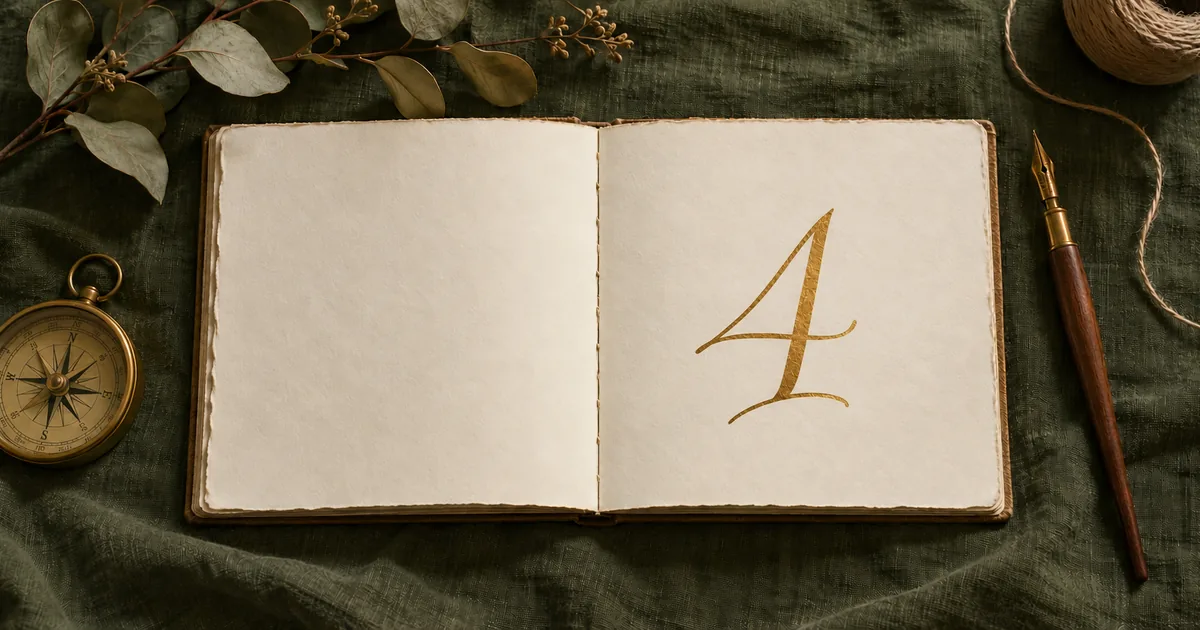 Carnet ouvert sur du lin vert, où est calligraphié à l’encre dorée le chiffre 4, entre une boussole en laiton et un porte-plume
