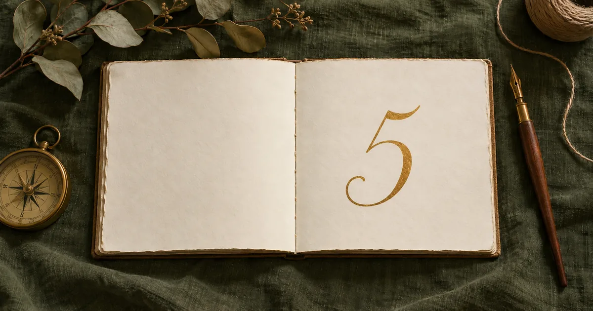 Carnet ouvert sur du lin vert, où est calligraphié à l’encre dorée le chiffre 5, entre une boussole en laiton et un porte-plume