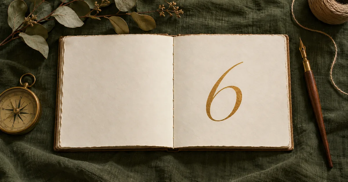 Carnet ouvert sur du lin vert, où est calligraphié à l’encre dorée le chiffre 6, entre une boussole en laiton et un porte-plume