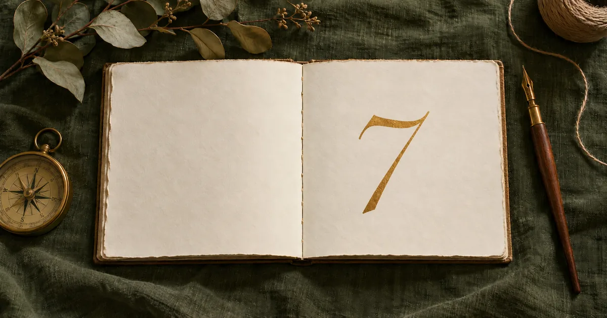Carnet ouvert sur du lin vert, où est calligraphié à l’encre dorée le chiffre 7, entre une boussole en laiton et un porte-plume