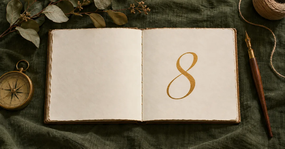 Carnet ouvert sur du lin vert, où est calligraphié à l’encre dorée le chiffre 8, entre une boussole en laiton et un porte-plume