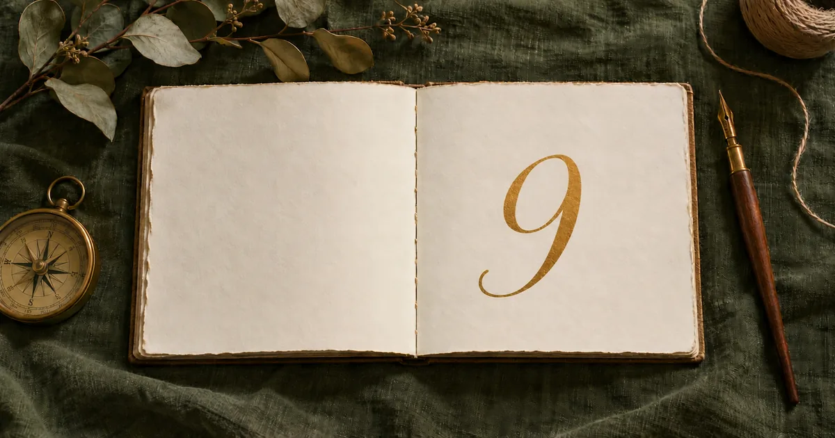 Carnet ouvert sur du lin vert, où est calligraphié à l’encre dorée le chiffre 9, entre une boussole en laiton et un porte-plume