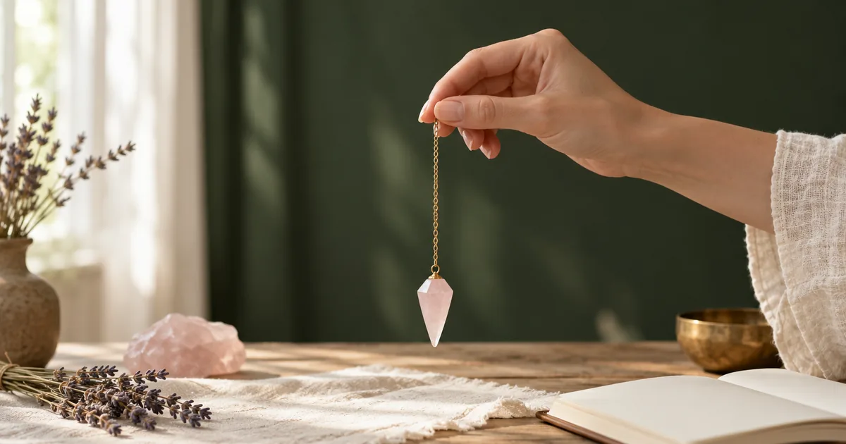 Main tenant entre le pouce et l'index un pendule en quartz rose au-dessus d'une table en bois, avec de la lavande séchée et un carnet ouvert