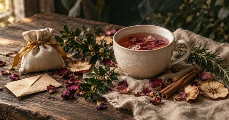 Infusion de rose et de cannelle entourée de pétales de rose séchés, de myrte, de romarin et d'un sachet de lin fermé par un ruban