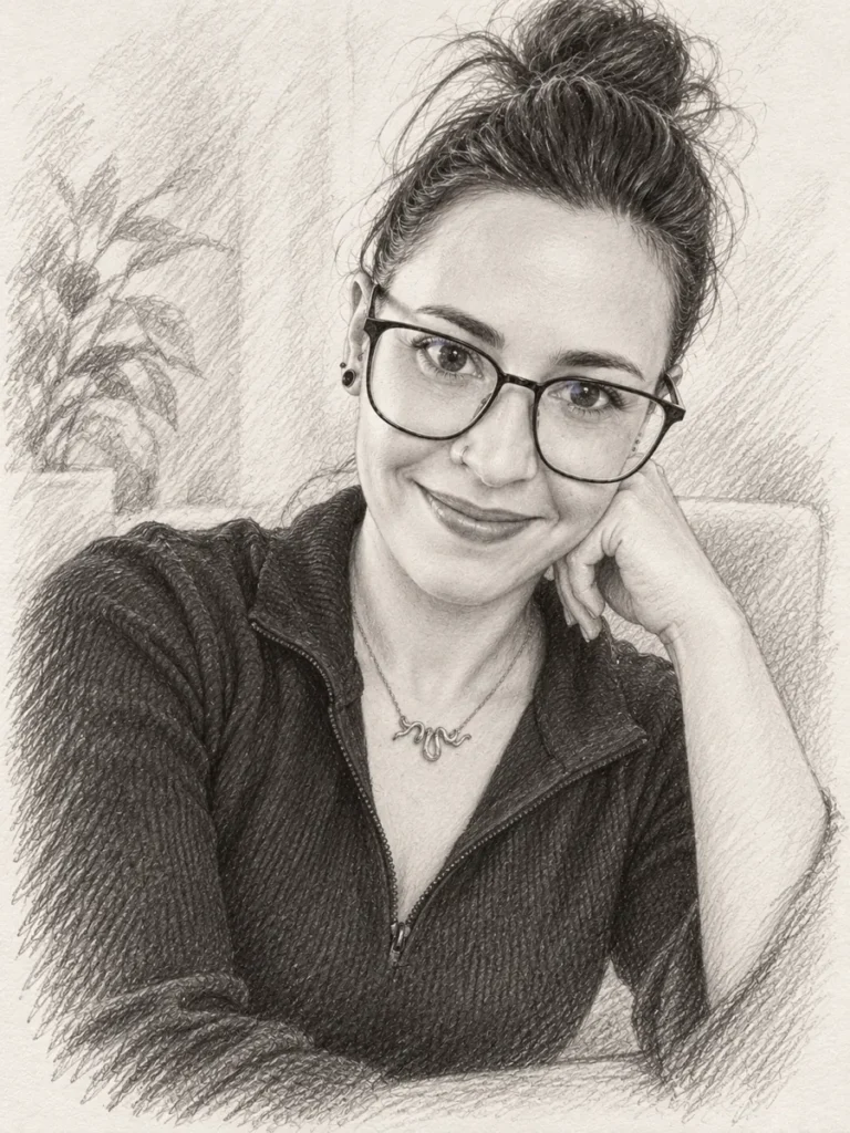 Portrait au crayon d'Olivia, souriante, accoudée, la tête appuyée sur sa main