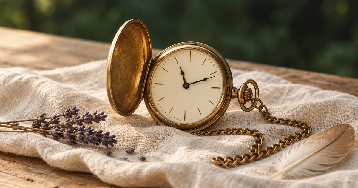 Montre à gousset ancienne en laiton, couvercle ouvert, indiquant 11 h 11, posée sur un lin ivoire avec de la lavande séchée et une plume