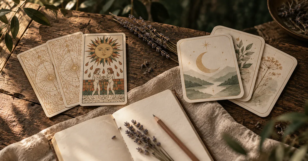 Cartes de tarot en éventail et cartes d'oracle aux coins arrondis posées côte à côte sur du lin, avec un carnet ouvert