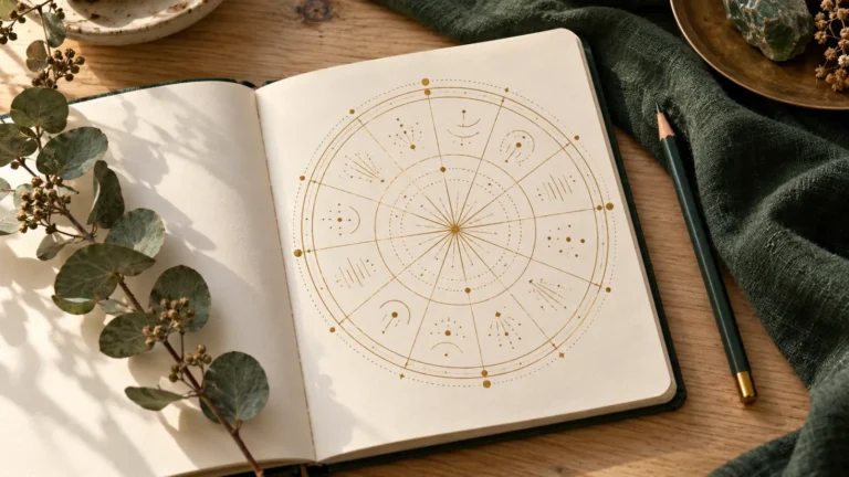 Carnet ouvert sur une table en bois, avec une roue astrologique dessinée à l'encre dorée, à côté d'une branche d'eucalyptus et d'un tissu de lin vert.