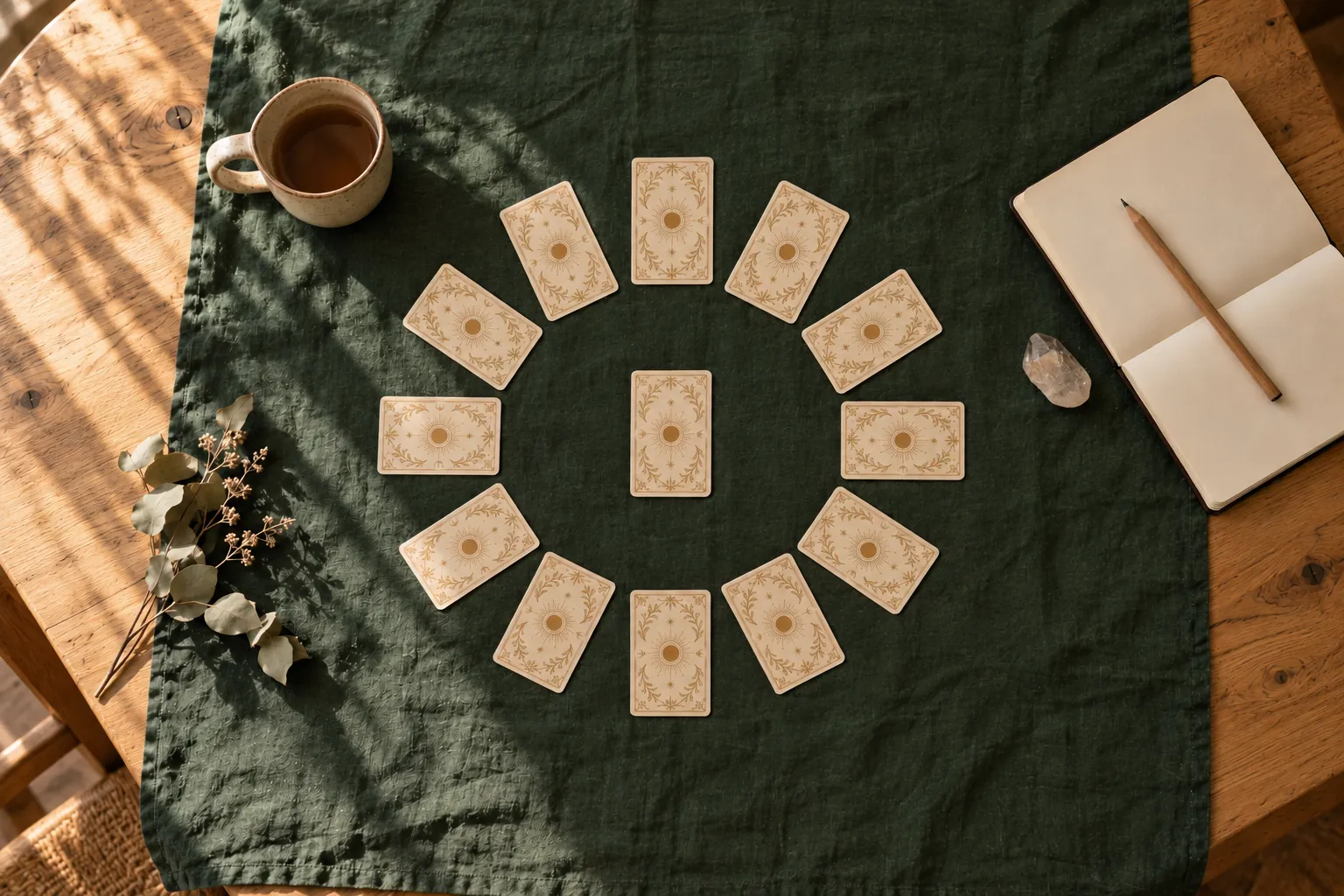 Douze cartes de tarot face cachée posées en cercle sur un lin vert forêt, une treizième au centre, près d’une tasse de thé, d’un carnet ouvert et d’un quartz